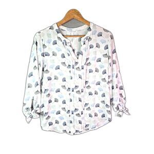41 Hawthorn Blouse White Blue Ginkgo Print M Pleated Cuff Tie Botanical